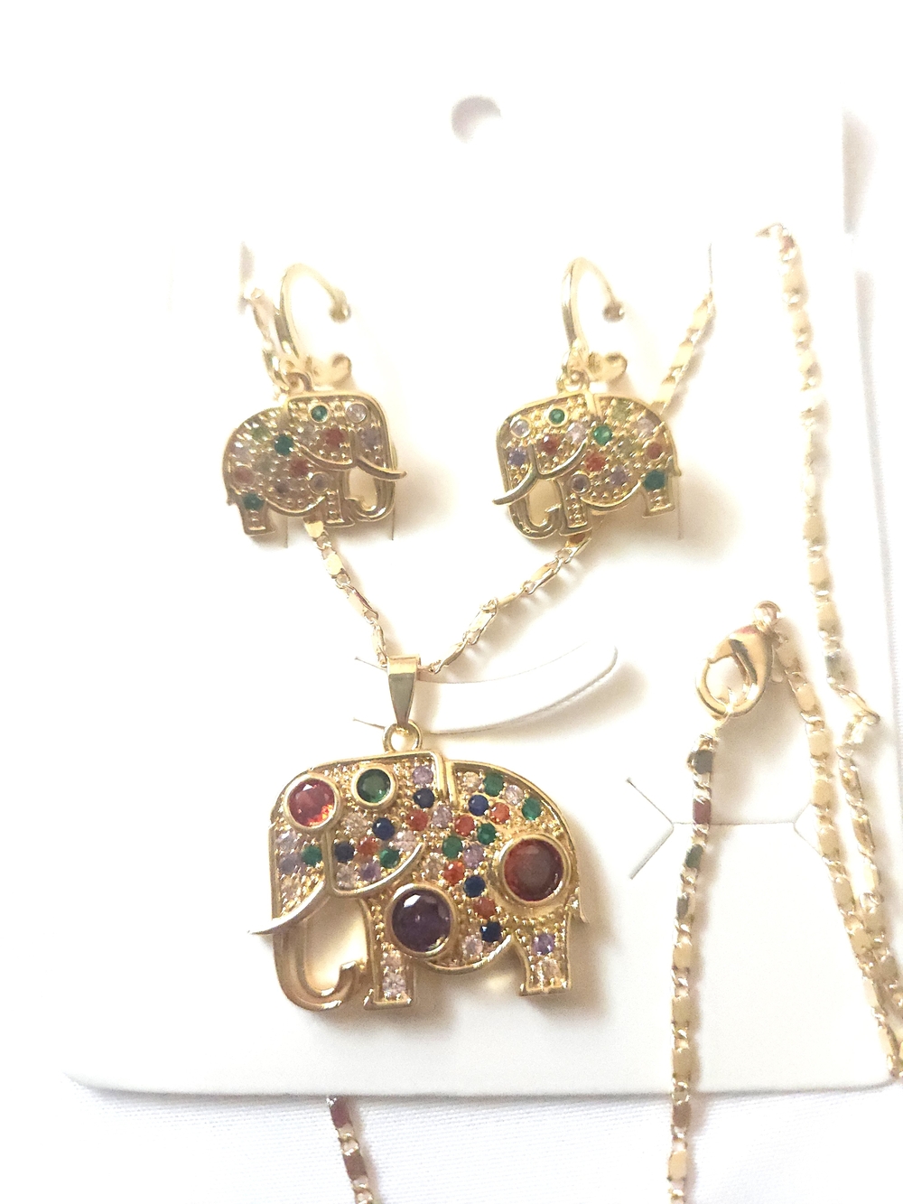 Gold Plated Multicolor Elephant Pendant Necklace & Earring Set